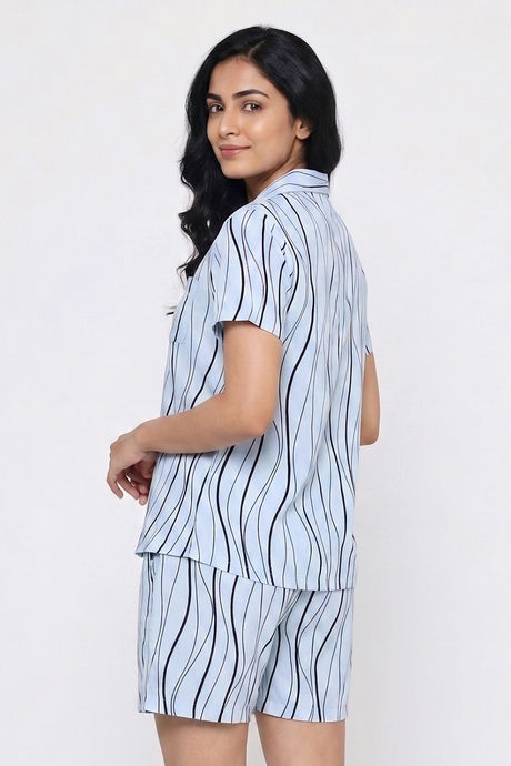 Zivame Wavy Stripes Knit Cotton Short Set - Ice Water — image 2